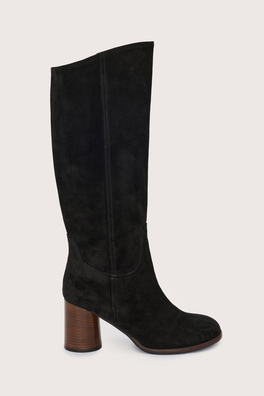 Knee high pull on suede heeled boot