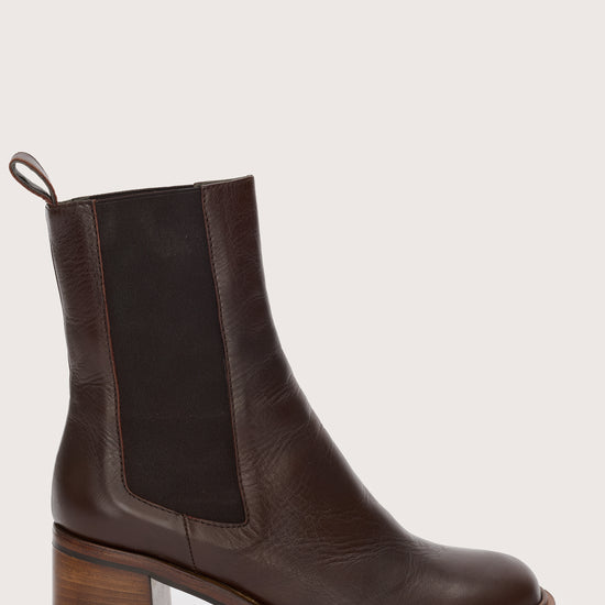 Brown leather pull on boot with block heel