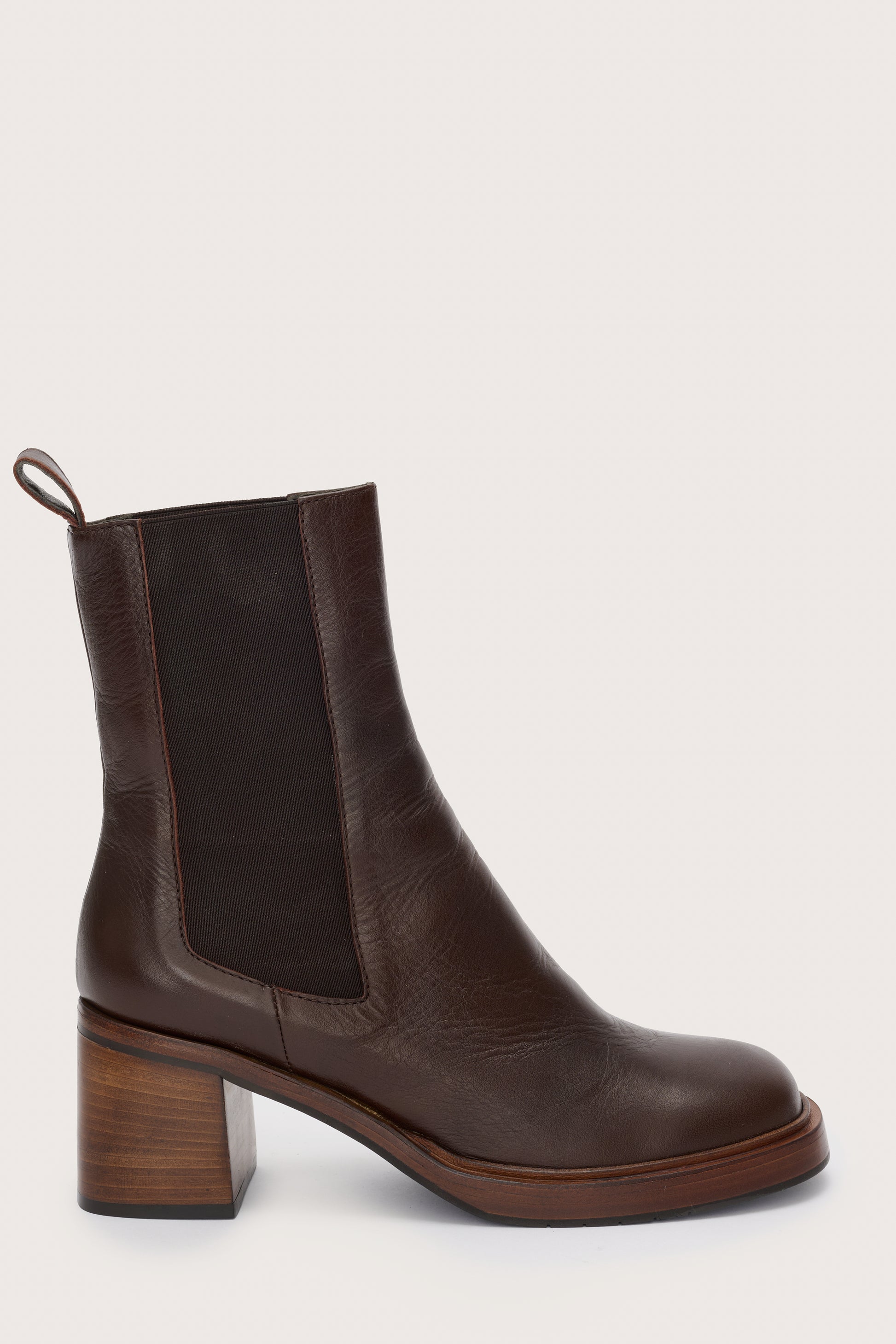 Brown leather pull on boot with block heel