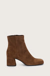 Coffee colour suede boot with block heel and side zip