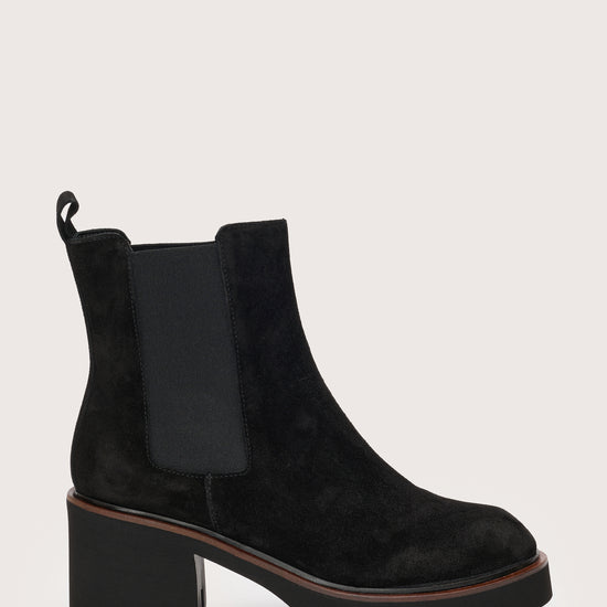 Black suede pull on boot with block heel