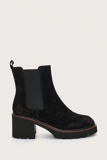 Black suede pull on boot with block heel