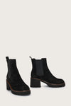 Black suede pull on boot with block heel