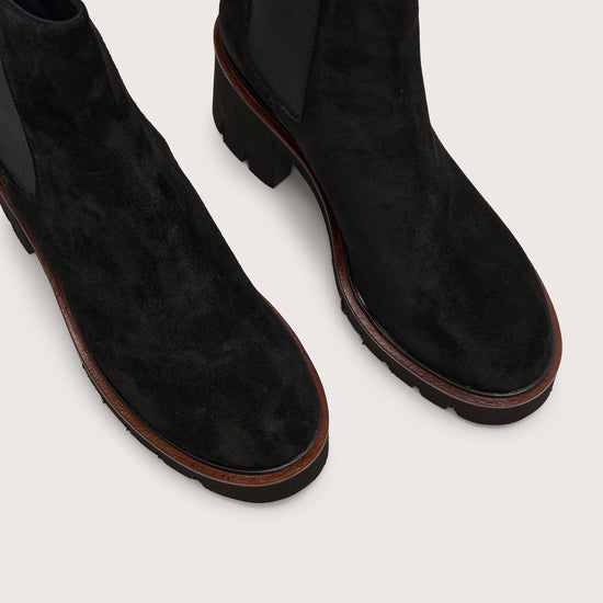 Toe shot of boots in black suede with block heel