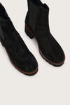 Toe shot of boots in black suede with block heel