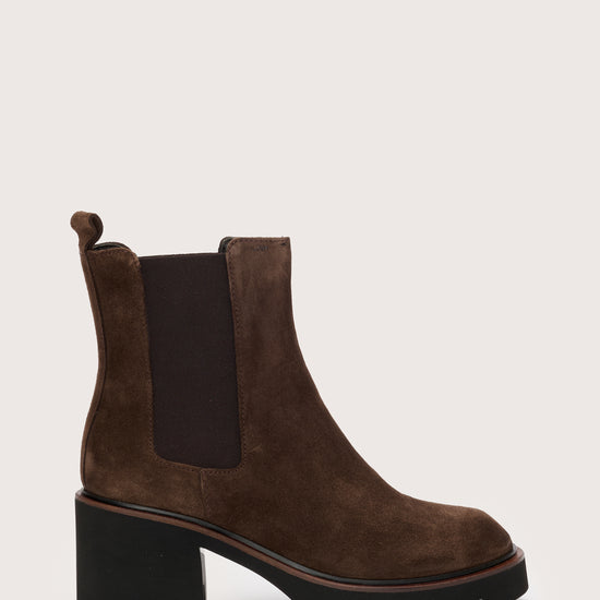 Brown suede leather pull on boot with block heel and elastic side panels