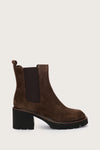 Brown suede leather pull on boot with block heel and elastic side panels