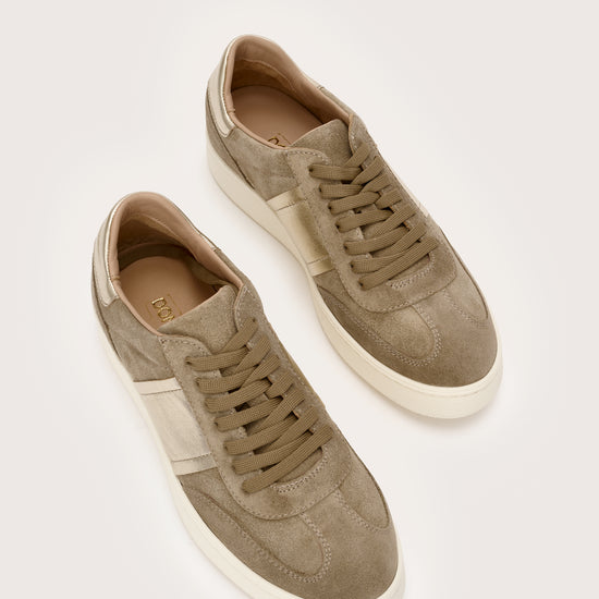 Taupe and gold italian leather trainer