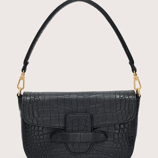 Black croc style handbag with gold toned hardwear and short and long strap