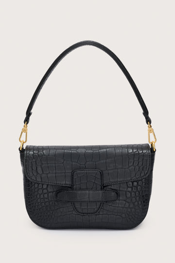 Black croc style handbag with gold toned hardwear and short and long strap