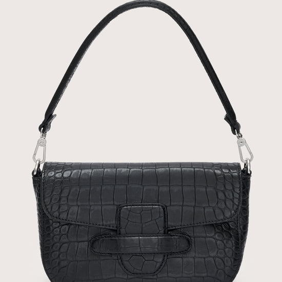 Black leather croc style handbag with shoulder and long strap