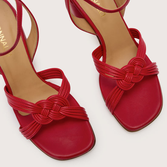 Close up view of the toes on the red leather sandals