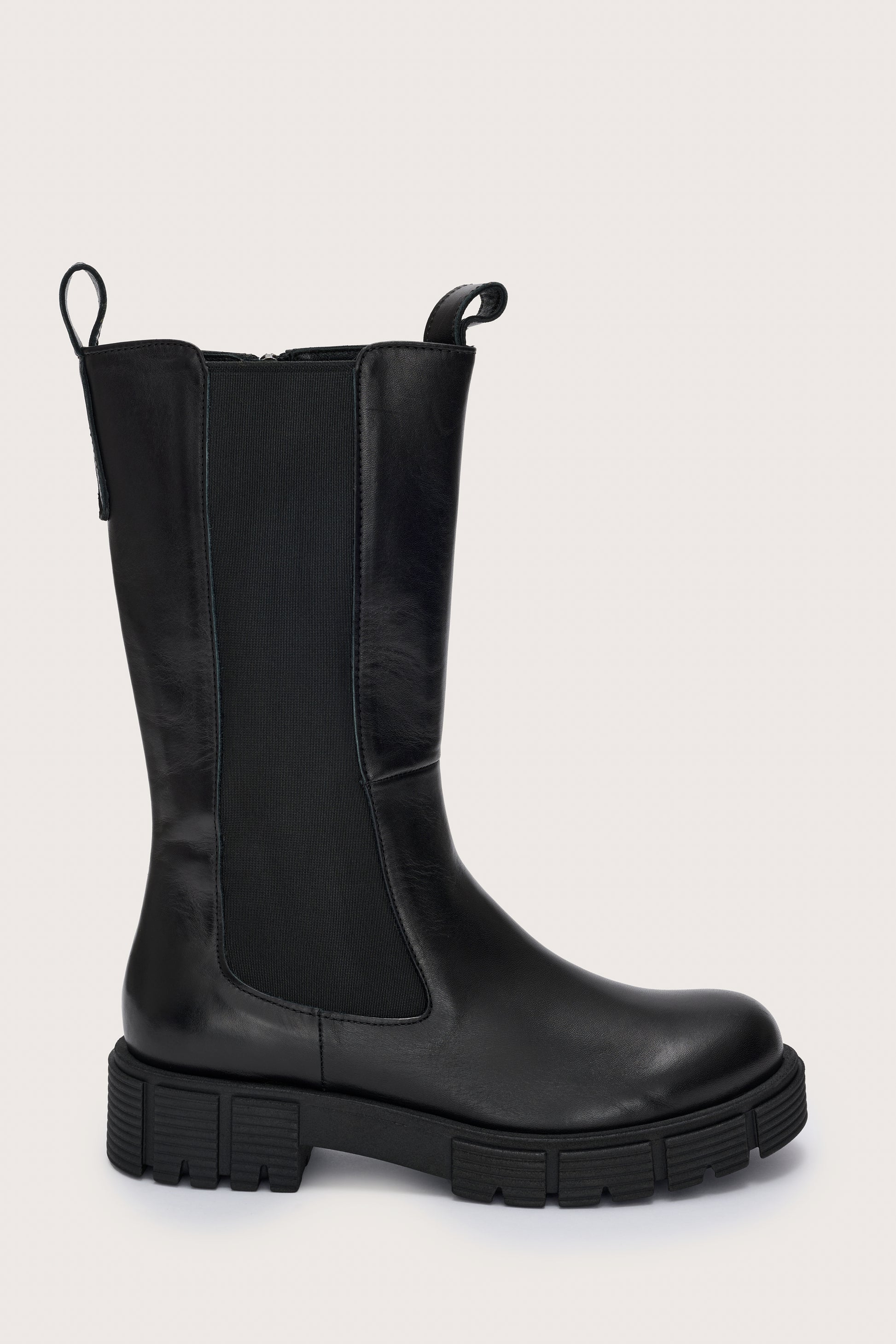 Tall black leather chelsea boot with side zip