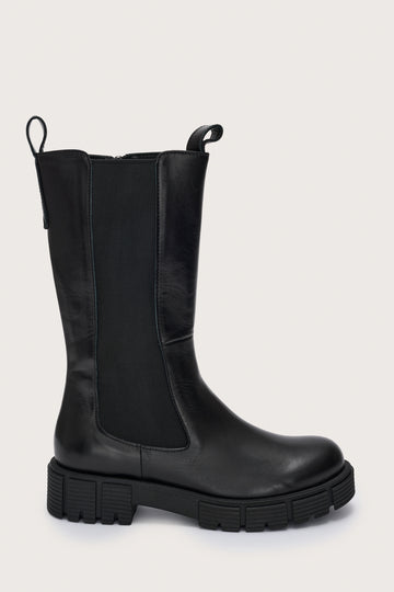 Tall black leather chelsea boot with side zip