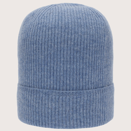 Denim blue cashmere ribbed beanie hat