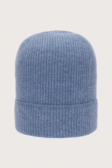 Denim blue cashmere ribbed beanie hat