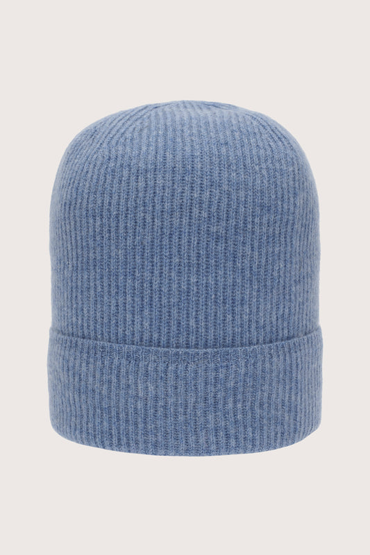 Denim blue cashmere ribbed beanie hat