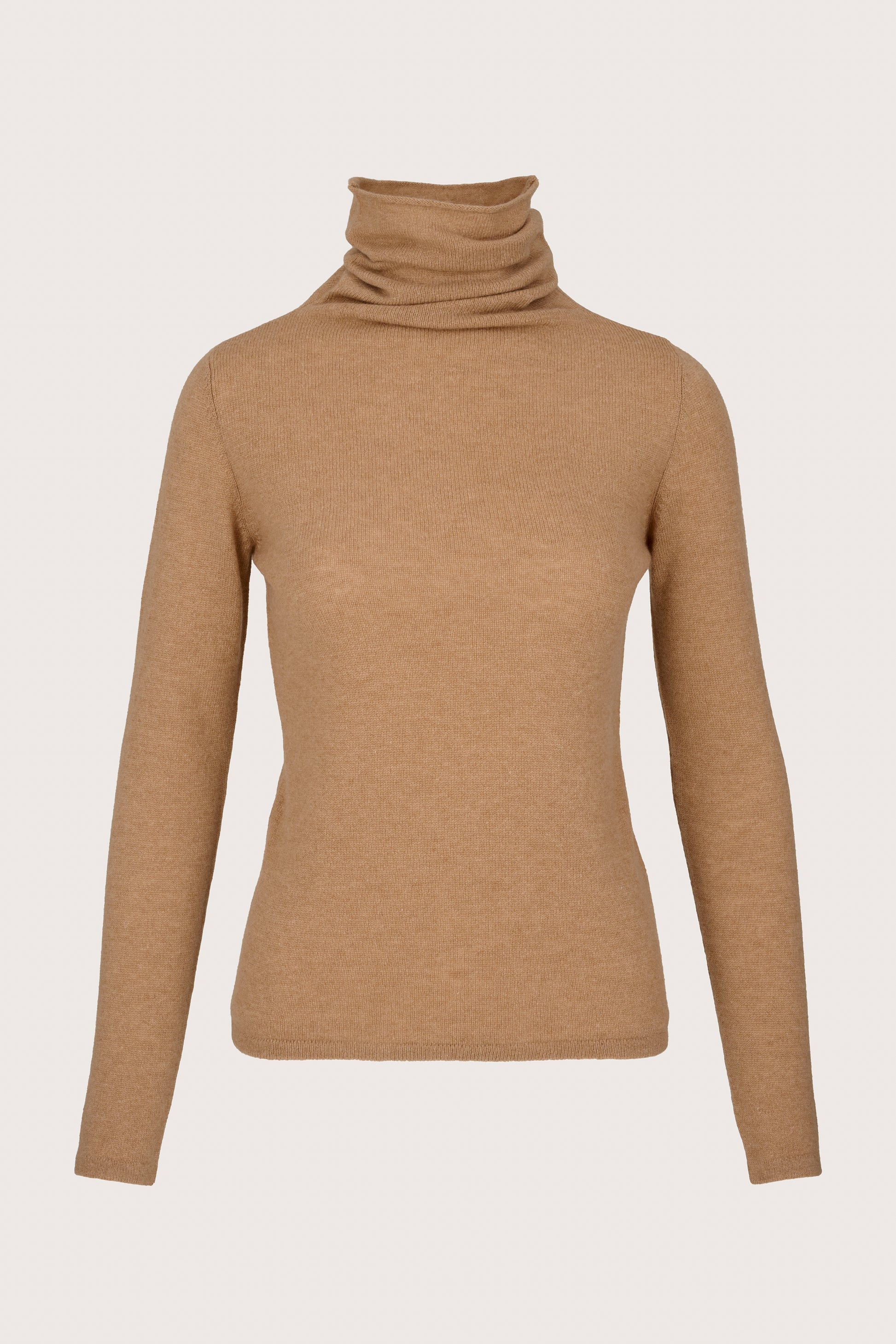 camel colout 100% cashmere knit with roll neck