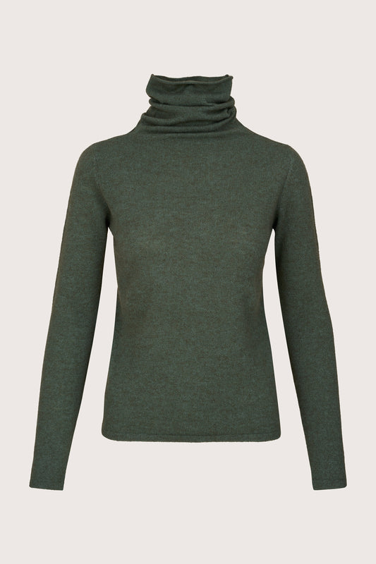 dark green roll neck cashmere jumper