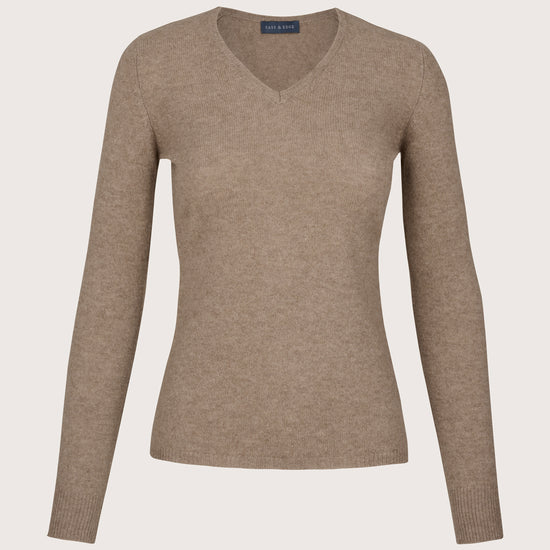 brown v neck cashmere jumper