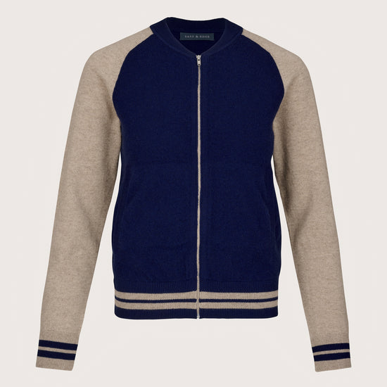 Zip through cashmere bomber style cardigan in navy with biscuit details