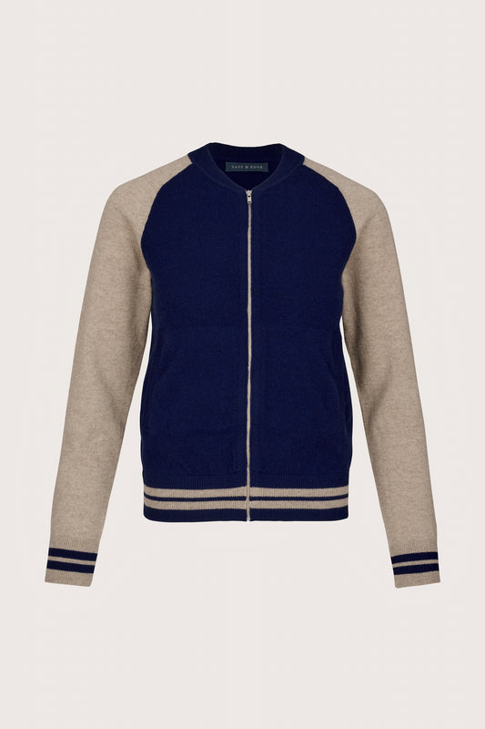 Zip through cashmere bomber style cardigan in navy with biscuit details