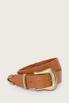 tan leather belt with gold buckle