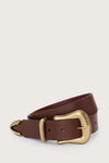 brown leather belt with gold buckle