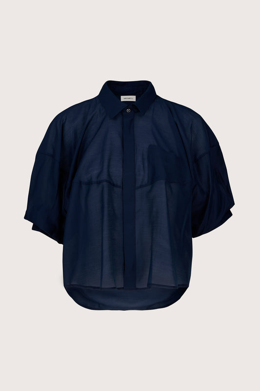 Navy semi sheer shirt with short sleeves and collar from Mei MeiJ