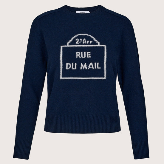 navy round neck cashmere jumper with ru du mail on front