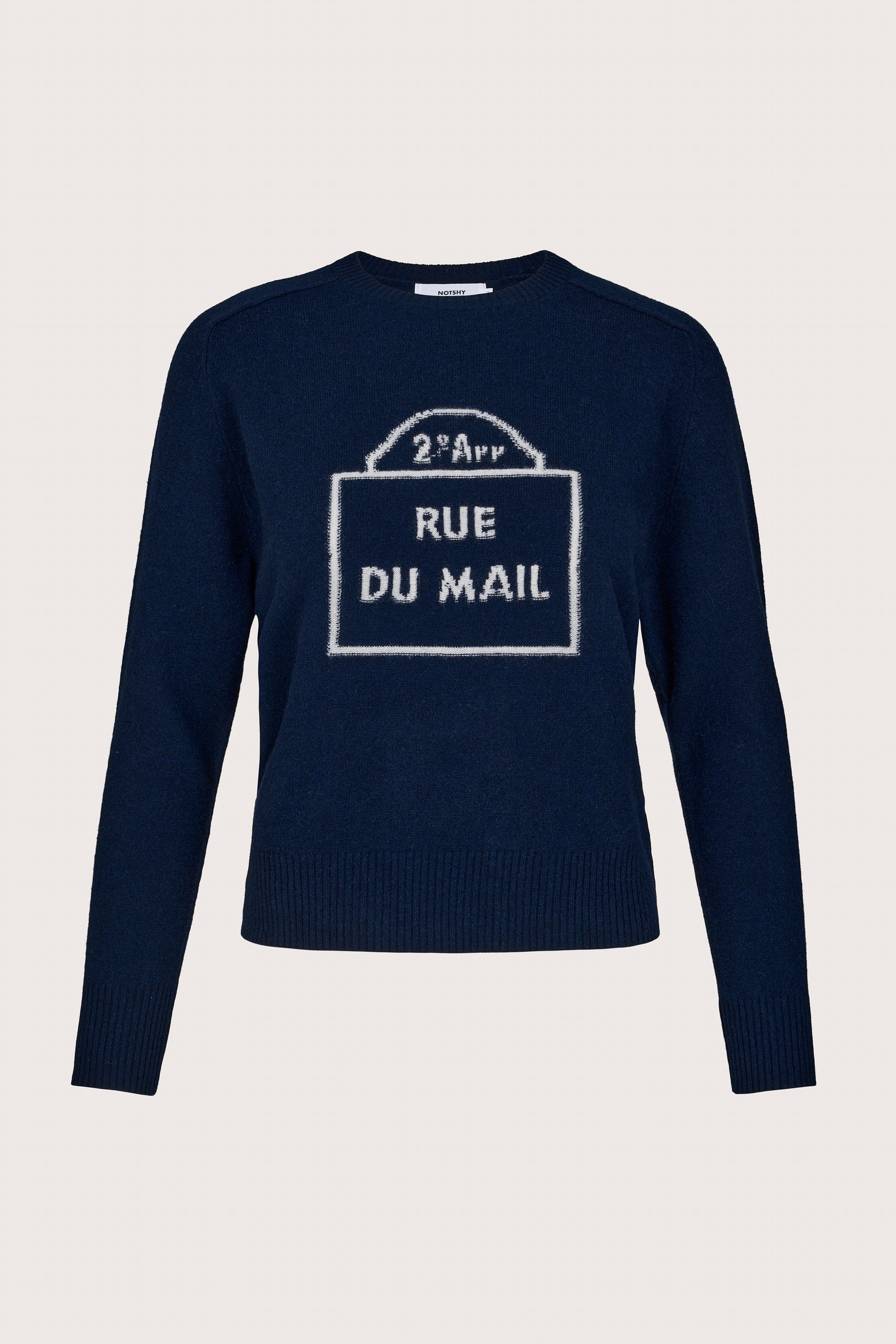 navy round neck cashmere jumper with ru du mail on front