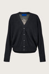 Charcoal cardigan with silk back panel on a light gray background