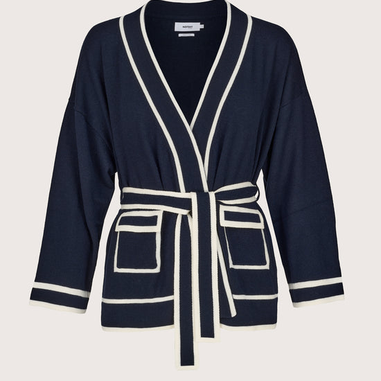 navy cashmere v neck wrap cardigan with white edging