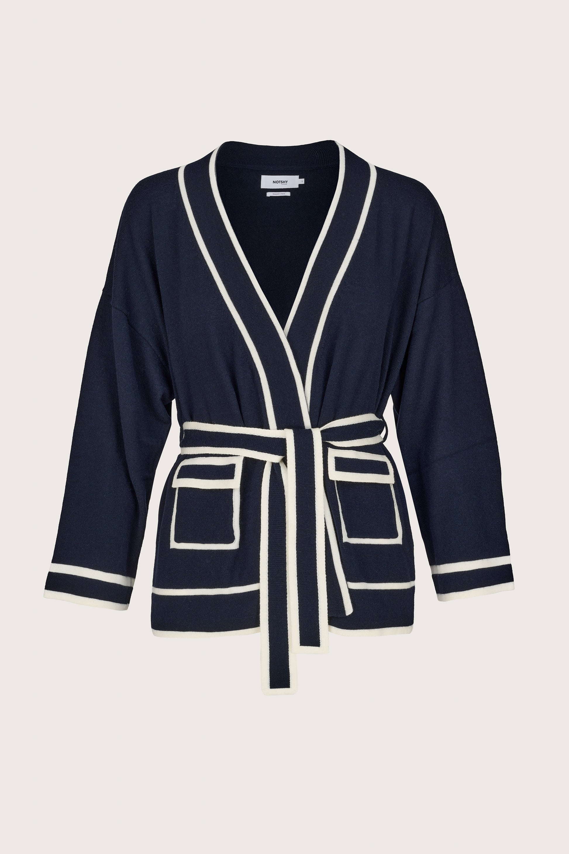 navy cashmere v neck wrap cardigan with white edging