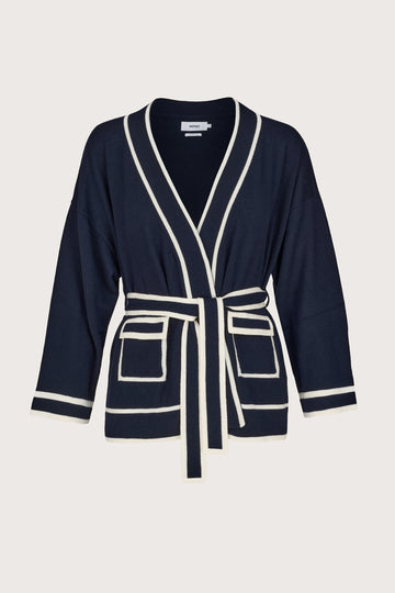 navy cashmere v neck wrap cardigan with white edging