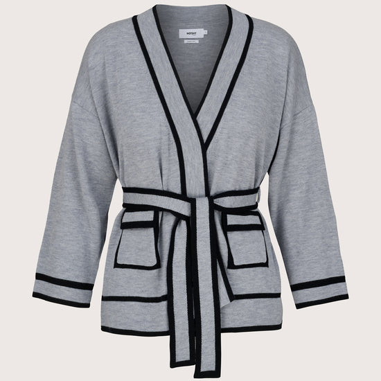 grey v neck wrap style cashmere cardigan with navy edging