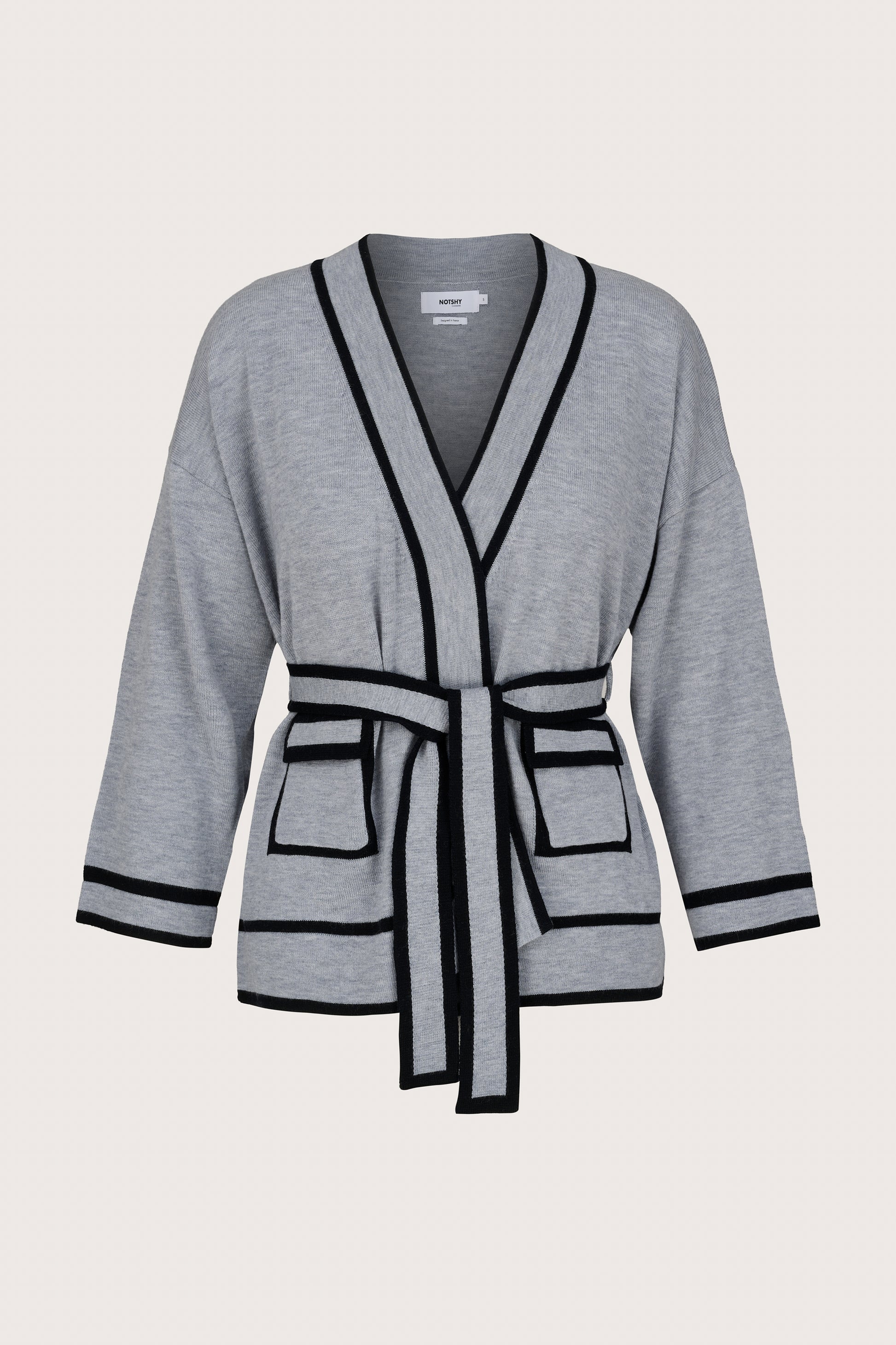 grey v neck wrap style cashmere cardigan with navy edging