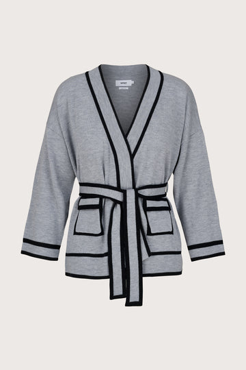 grey v neck wrap style cashmere cardigan with navy edging