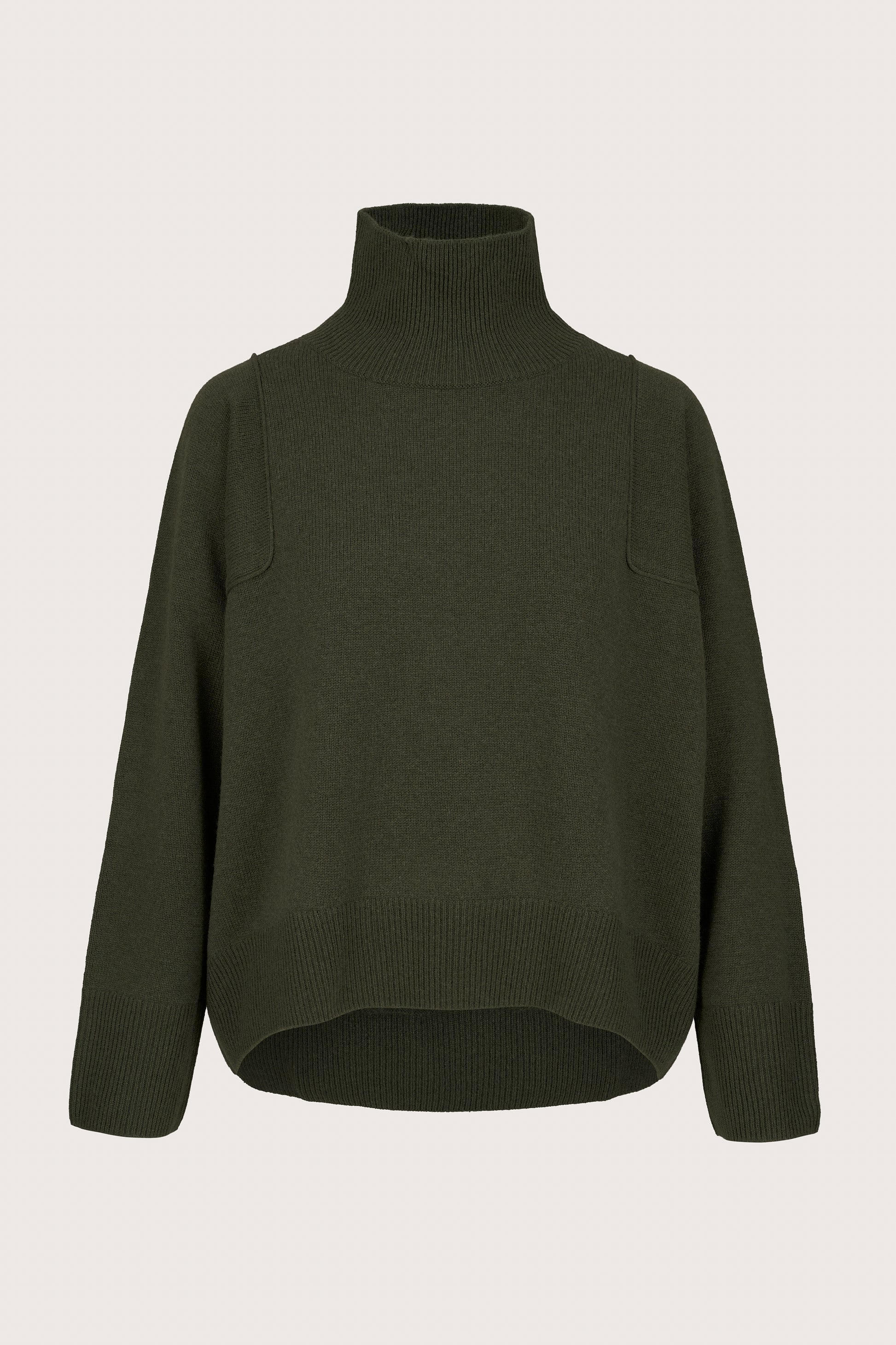 Dark green turtleneck sweater on a light gray background