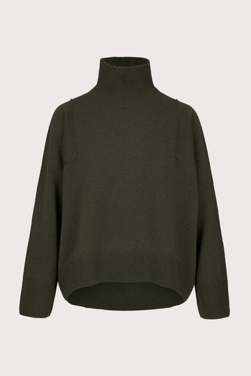 Dark green turtleneck sweater on a light gray background