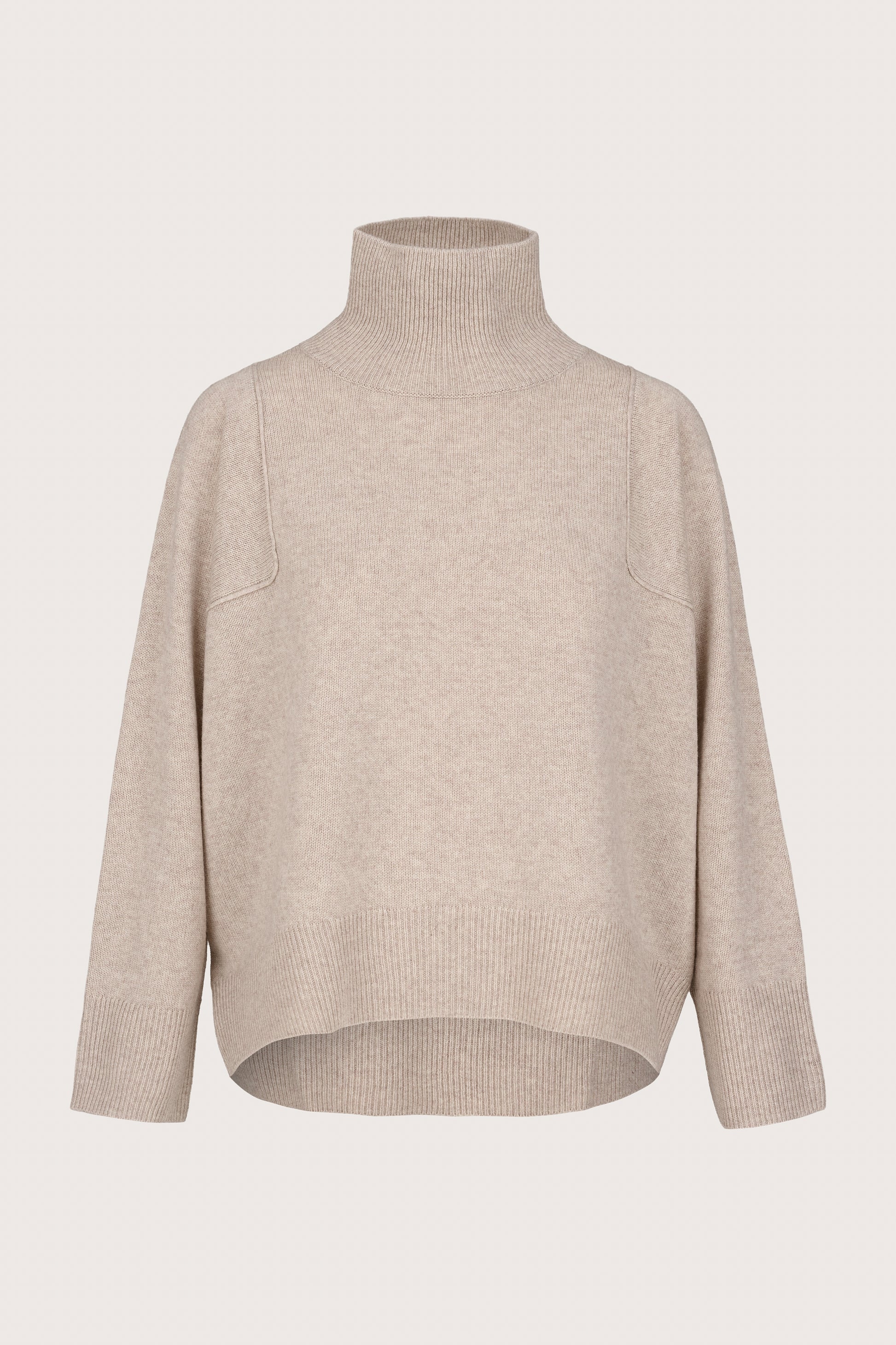 Beige sweater with a turtle neckline on a light beige background