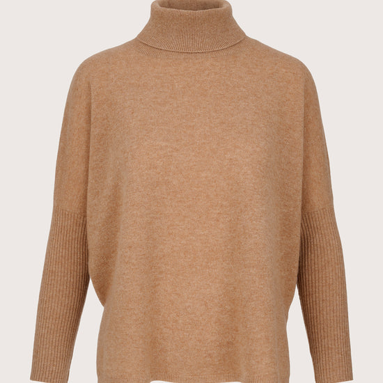 Cashmere Camel roll neck with a wide body and slim sleeve