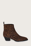 Leopard print ankle boot on a light gray background
