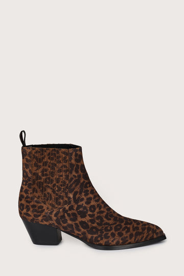Leopard print ankle boot on a light gray background