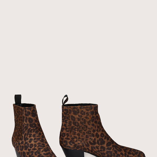 Pair of leopard print ankle boots on a light gray background