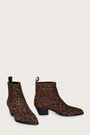 Pair of leopard print ankle boots on a light gray background