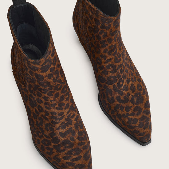 Leopard print ankle boots on a light gray background