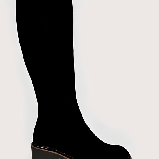 Black knee-high boot on a light gray background