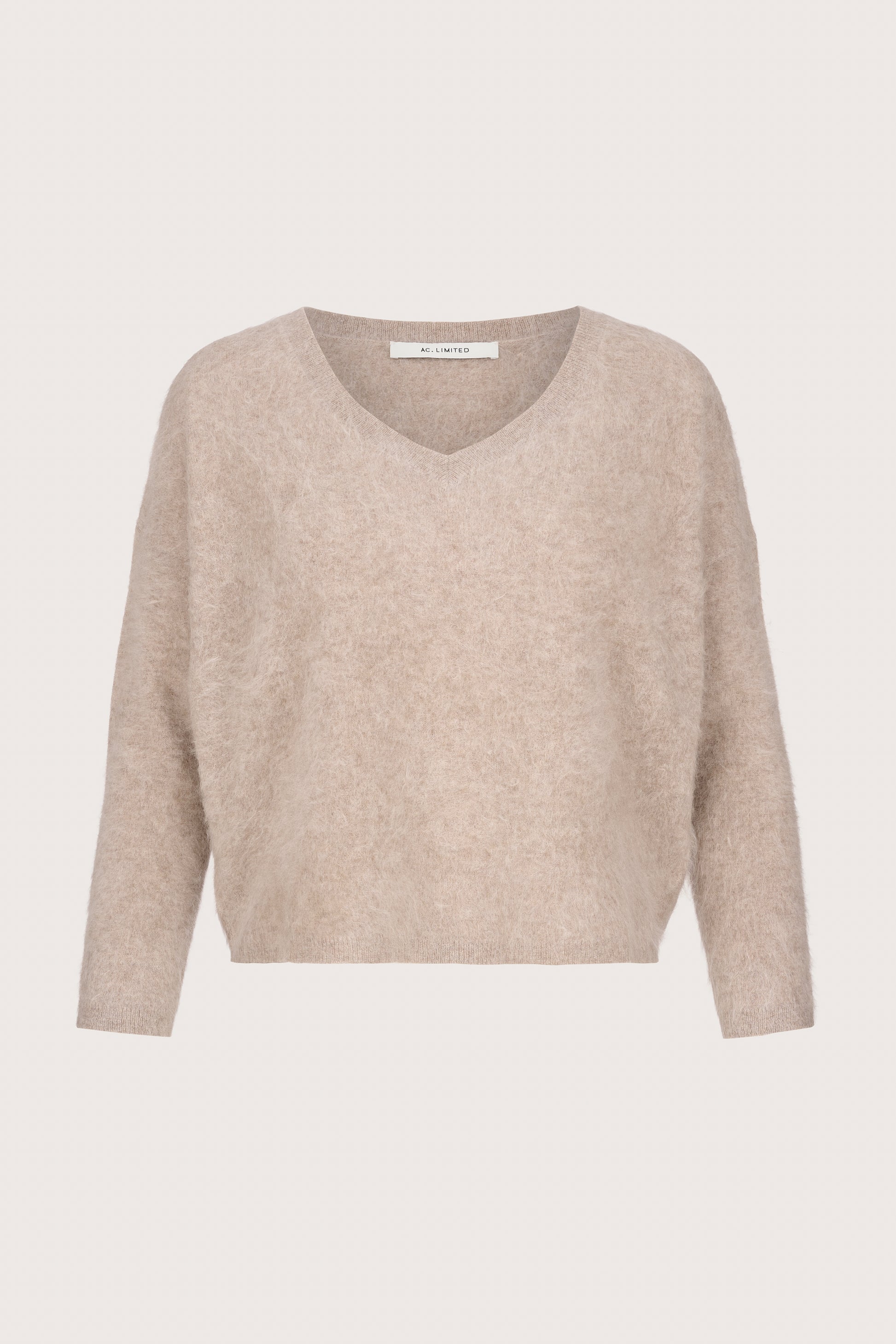 v neck chestnut coloured brushed cashmere knit with rib detailing