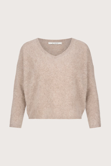 v neck chestnut coloured brushed cashmere knit with rib detailing